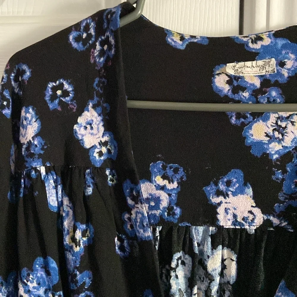 Free People Forties Feels Black Floral Bodysuit With Bell Sleeves Size Small